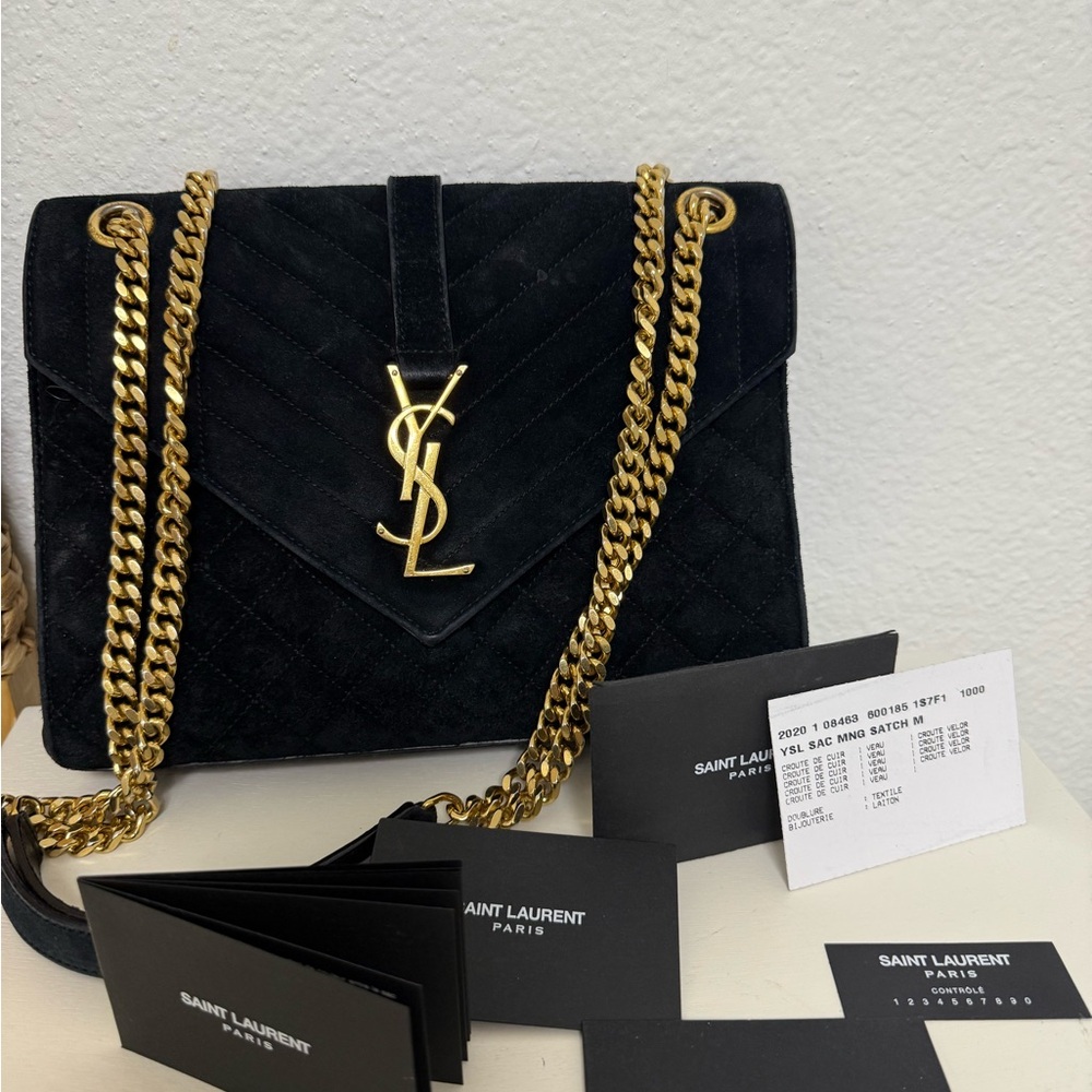 Saint Laurent Black Medium Envelope in Suede with Gold Chain